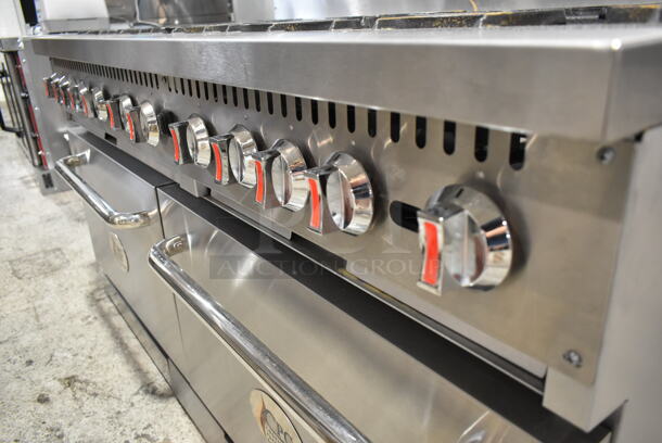 BRAND NEW SCRATCH AND DENT! 2024 Cooking Performance Group CPG 351CC60N Stainless Steel Commercial Natural Gas Powered 10 Burner Range w/ 2 CONVECTION Ovens, Over Shelf and Back Splash.  - Image 5 of 12