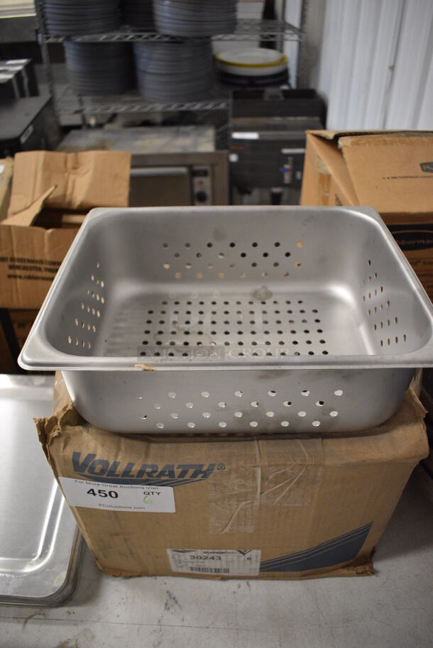 6 BRAND NEW IN BOX! Vollrath Stainless Steel Perforated Half Size Drop In Bins. 1/2x4. 6 Times Your Bid!