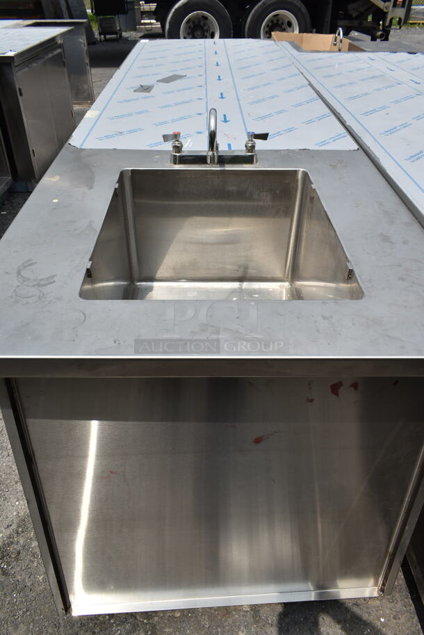 BRAND NEW SCRATCH AND DENT! Stainless Steel Commercial Counter w/ Sink Bay, Faucet, Handles and Under Shelves. - Image 9 of 10