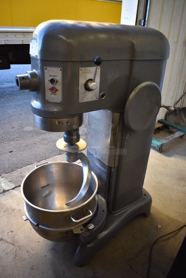 Hobart H600 Metal Commercial Floor Style 60 Quart Planetary Dough Mixer w/ Stainless Steel Mixing Bowl and Dough Hook Attachment. 208 Volts, 3 Phase. 25x39x56
