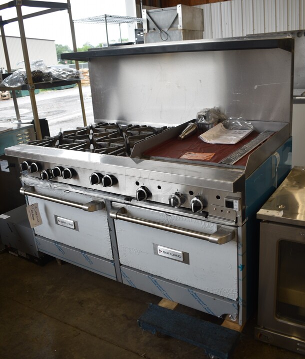 BRAND NEW SCRATCH AND DENT! 2022 Garland G60-6G24CC Stainless Steel Commercial Propane Gas 6 Burner 60" Range with 24" Griddle, Over Shelf, Back Splash and 2 Convection Ovens. 310,000 BTU.  - Image 3 of 12