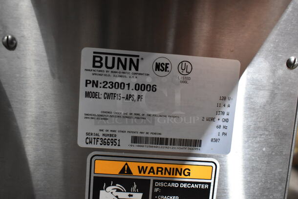 Bunn CWTF15-APS Stainless Steel Commercial Countertop Coffee Machine w 2 Coffee Pots. 120 Volts, 1 Phase.  - Image 7 of 7