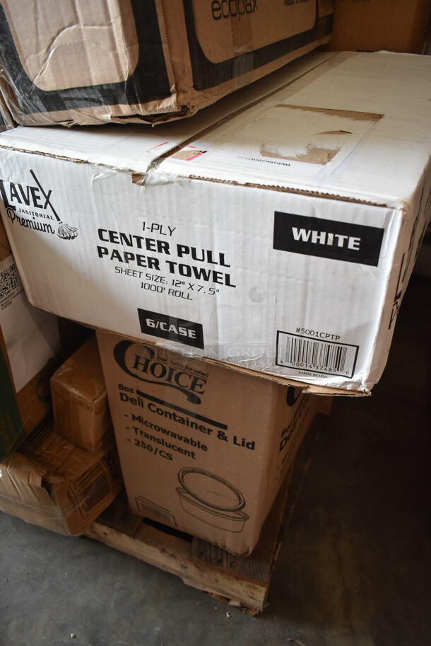 PALLET LOT of 25 BRAND NEW Boxes Including 2 5001CPT400T Lavex Premium 7 1/2" White Aircell TAD Center Pull Paper Towel Roll, 400 Feet / Roll - 6/Case, 2 Box PP883 Ecopax Containers, 34920SCREW Lancaster Table & Seating Table Top / Base Screw 1" #10 Panhead - 4/Pack, 181TSXLBD14 Garde XL 181TSXLBD14 1/4" Serrated Blade for XL Tomato Slicer, 2 Box 347TCL12 Choice 12 oz. Clear Disposable Plastic Tumbler - 500/Case, Lavex Multi Fold Towels, 4 Box 164TCOLROD37 Bar Height Table Base Column and Rod, 5001CPTP Lavex 1-Ply Center Pull Paper Towel Roll 1000' - 6/Case, 50020W Choice 20 oz. White Poly Paper Hot Cup - 600/Case, 127RD8COMBO Choice Microwavable Clear Round Deli Container and Lid, 4 Box 500L1020B Choice Black Hot Paper Cup Travel Lid for 10-24 oz. Standard Cups and 8 oz. Squat Cups - 1000/Case, 500MFT Lavex White M-Fold (Multifold) Towel - 4000/Case. 25 Times Your Bid! - Image 10 of 12