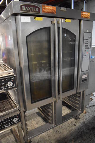 Baxter OV310E Stainless Steel Commercial Floor Style Electric Powered Mini Rotating Rack Oven w/ Pan Rack on Commercial Casters. 208 Volts, 3 Phase. 48x36x75