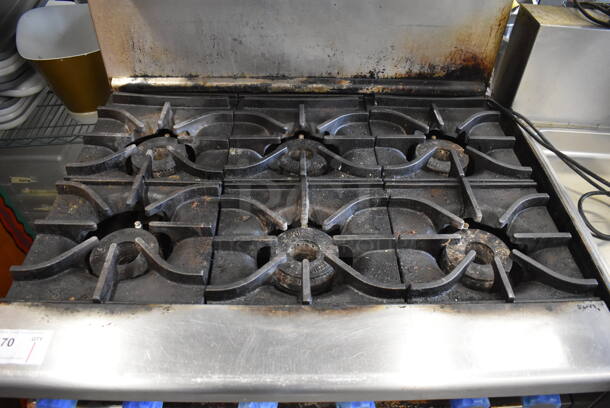 Imperial Stainless Steel Commercial Natural Gas Powered 6 Burner Range w/ Salamander Cheese Melter, Convection Oven and Back Splash on Commercial Casters. 36x33x73 - Image 5 of 8