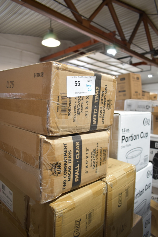 PALLET LOT of 22 BRAND NEW Boxes Including 2 Box 433NACHOS Carnival King Small Clear 2 Compartment Plastic Nacho Tray - 500/Case, 2 Box 176CMT7RHBL Choice 10 1/2" x 15 1/2" Right Handed Heavy-Duty Melamine NSF Blue 7 Compartment Tray - 12/Pack, 3 Box 128HD8COMBO ChoiceHD 8 oz. Microwavable Translucent Plastic Deli Container and Lid Combo Pack - 240/Case, 760SOUP6WB Choice 6 oz. White Double Poly-Coated Paper Food Cup - 1000/Case, 2 Box 500TO963 Choice 9" x 6" x 3" Microwaveable 2-Compartment Black / Clear Plastic Hinged Container - 100/Case, 3 Box 127P150C Choice 1.5 oz. Clear Plastic Souffle Cup / Portion Cup - 2500/Case, 500TW5 Choice 5 oz. Translucent Thin Wall Plastic Cold Cup - 2500/Case, 2 Box 5001BNAP EcoChoice 1-Ply Natural Kraft Beverage / Cocktail Napkin - 4000/Case. 22 Times Your Bid! - Image 2 of 12
