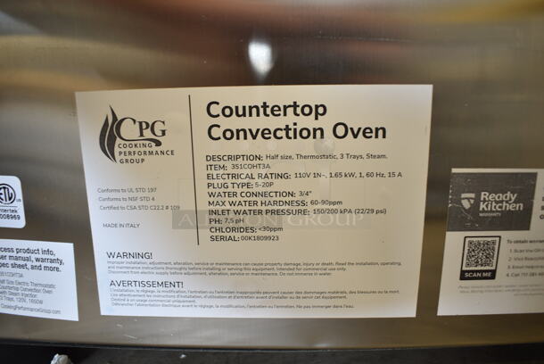BRAND NEW SCRATCH AND DENT! Cooking Performance Group CPG 351COHT3A Stainless Steel Commercial Electric Thermostatic Countertop 3 Tray Half Size Convection Oven with Steam Injection. See Pictures For Broken Glass. 120 Volts, 1 Phase. Tested and Working! - Image 6 of 6