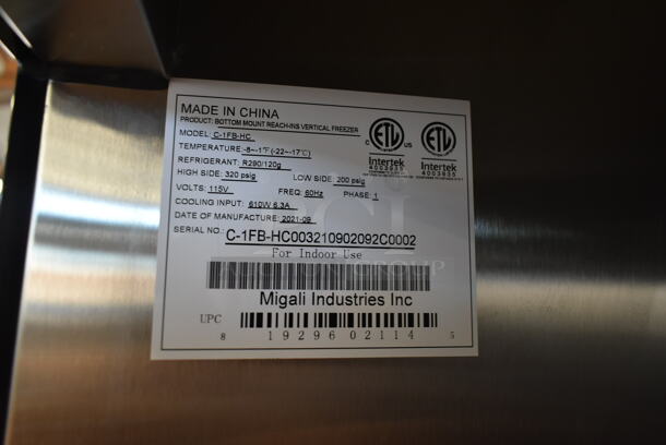 BRAND NEW SCRATCH AND DENT! 2021 Migali C-1FB-HC Stainless Steel Commercial Single Door Reach In Freezer w/ Poly Coated Racks on Commercial Casters. 115 Volts, 1 Phase. Tested and Working! - Image 10 of 10