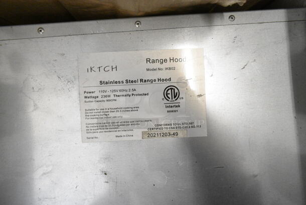 IN ORIGINAL BOX! IKTCH IKB02 Stainless Steel Range Hood. 110-125 Volts, 1 Phase.  - Image 3 of 3