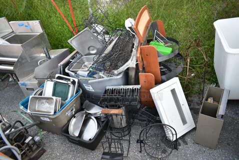 ALL ONE MONEY! PALLET LOT of Various Items Including Merchandising Rack, Poly Bins, Stainless Steel Soup Kettle Lids, Drop In Bins.
