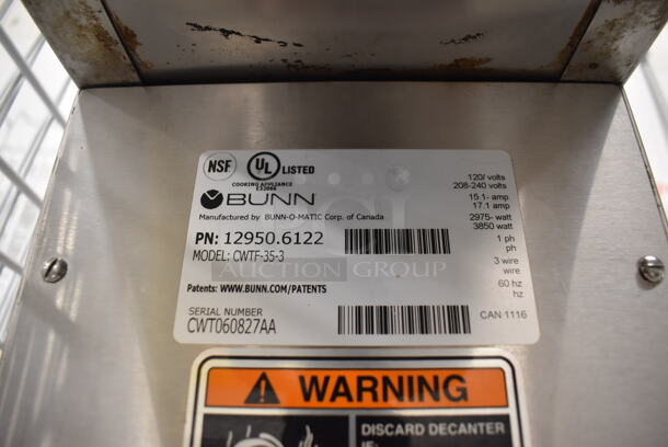 2016 Bunn CWTF-35-3 Stainless Steel Commercial Countertop Coffee Machine w/ Hot Water Dispenser and Metal Brew Basket. 120/208-240 Volts, 1 Phase. 8x18x19 - Image 4 of 5