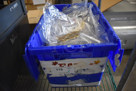 ALL ONE MONEY! Blue Bin of Various Silverware Including Knives.