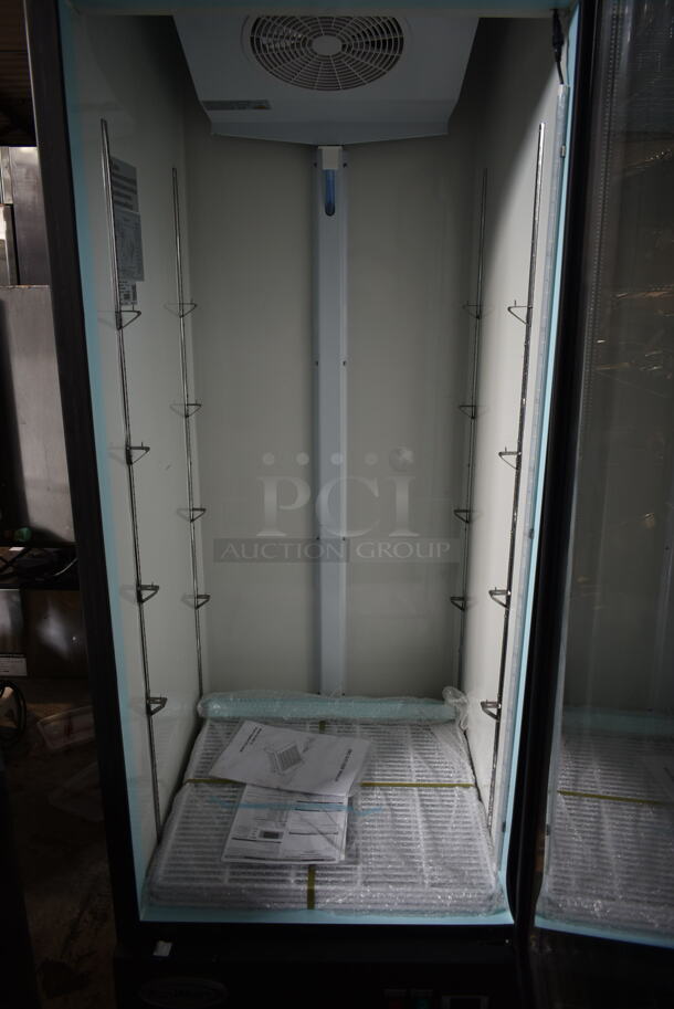 BRAND NEW SCRATCH AND DENT! 2023 KoolMore MDR-1GD-23C Metal Commercial Single Door Reach In Cooler Merchandiser w/ Poly Coated Racks on Commercial Casters. 115 Volts, 1 Phase. Tested and Working! - Image 4 of 7