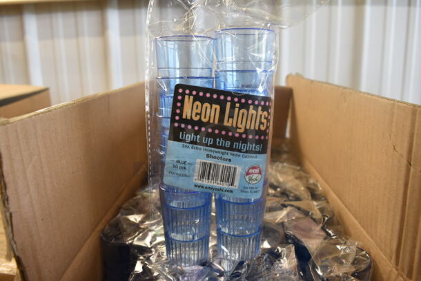 ALL ONE MONEY! Lot of 100 Packs of 10 BRAND NEW IN BOX Neon Lights EMI-YNL1BL 1.5 Neon Blue Plastic Shot Glasses. Total of 1,000. 1.75x1.75x2.5