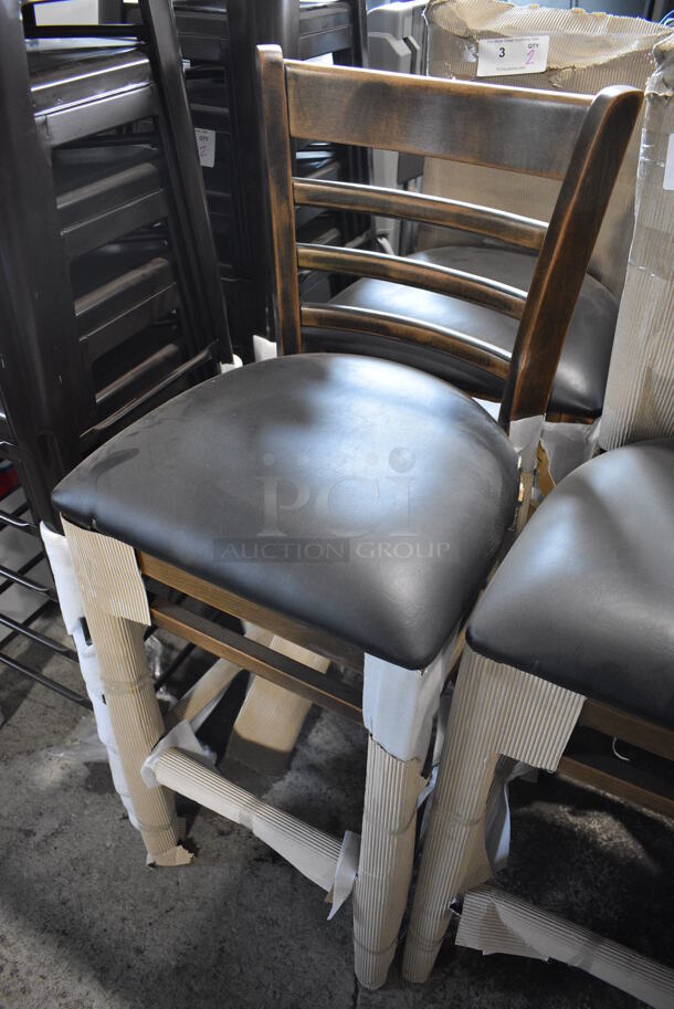4 BRAND NEW SCRATCH AND DENT! Lancaster Table & Seating Wooden Bar Height Chair with Vintage Ladder Back and Black Padded Seat. 17x17x44. 4 Times Your Bid! - Image 2 of 8