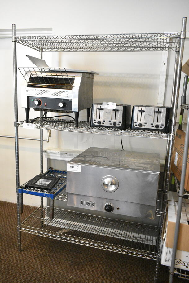 Chrome Finish 4 Tier Wire Shelving Unit. Does Not Include Contents. BUYER MUST DISMANTLE. PCI CANNOT DISMANTLE FOR SHIPPING. PLEASE CONSIDER FREIGHT CHARGES. (secondary dining room) - Image 1 of 2
