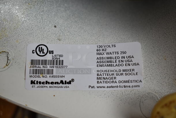 KitchenAid K45SSWH Metal Countertop 4.5 Quart Planetary Dough Mixer. 120 Volts, 1 Phase. Tested and Working! - Image 9 of 9
