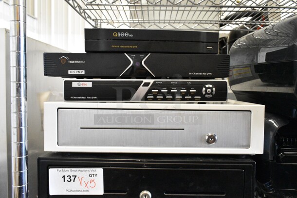 5 Items Including 2 Metal Cash Drawers, 4 Channel Real Time DVR, Tigersecu 16 Channel HD DVR, QSee QC9516 16 Channel HD DVR. 5 Times Your Bid!  - Image 1 of 12
