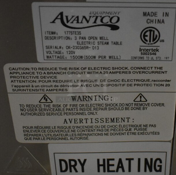 BRAND NEW SCRATCH AND DENT! 2023 Avantco 177STE3S Stainless Steel Commercial Electric Powered Three Pan Open Well Electric Steam Table with Undershelf. 120 Volts, 1 Phase. Tested and Working! - Image 4 of 5