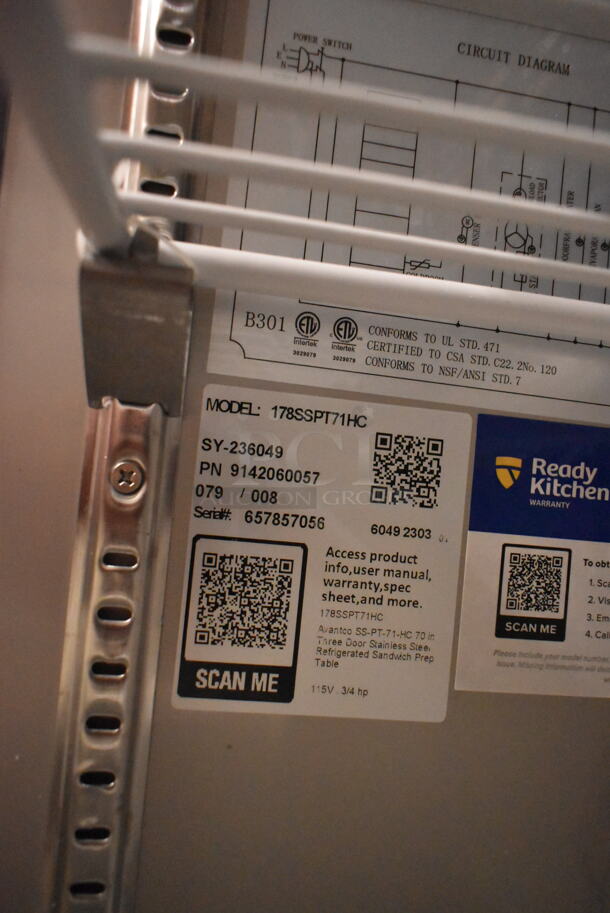 BRAND NEW SCRATCH AND DENT! 2023 Avantco 178SSPT71HC Stainless Steel Commercial Refrigerated Sandwich Prep Table. Missing Door and Top. 115 Volts, 1 Phase. Tested and Powers On But Does Not Get Cold - Image 7 of 7