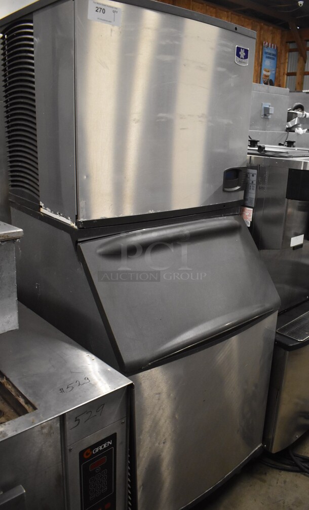 2012 Manitowoc IY0854A-261 Stainless Steel Commercial Ice Machine Head on Commercial Ice Bin. 208-230 Volts, 1 Phase. 31x34x77