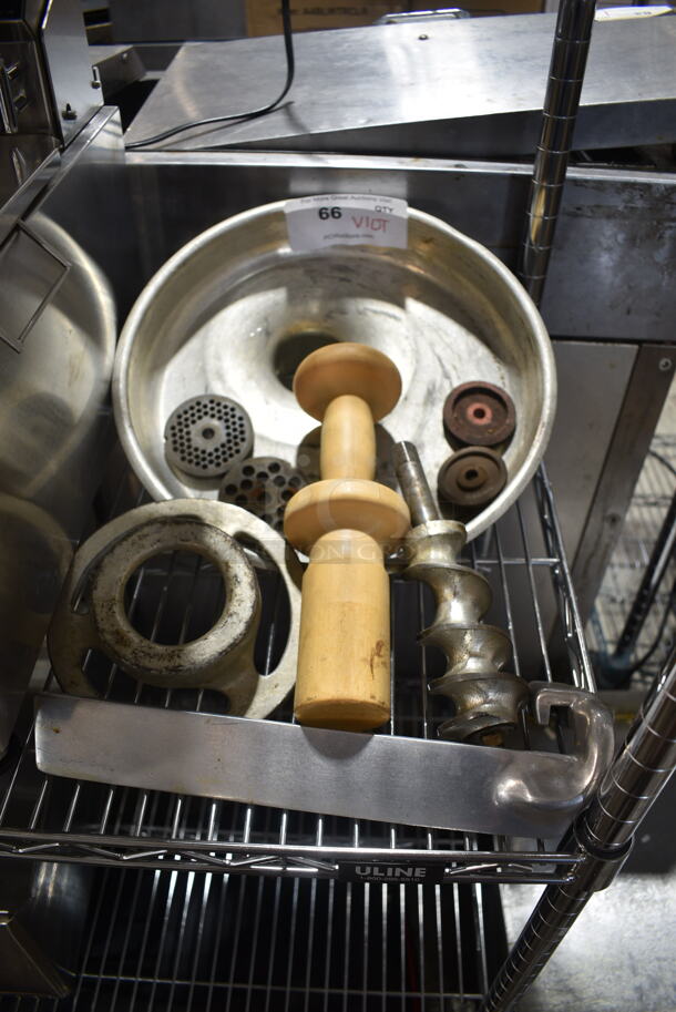 ALL ONE MONEY! Lot of Meat Grinder Attachment Pieces Including Tray, Pusher, Plates, Auger.  - Image 1 of 7