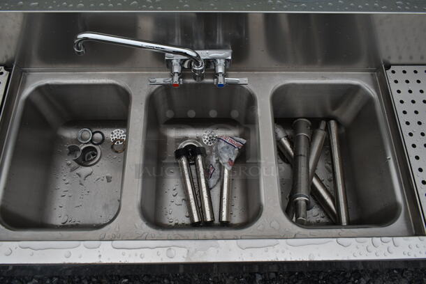 BRAND NEW SCRATCH AND DENT! Advance Tabco PRB-19-53C Stainless Steel 3 Compartment Prestige Series Underbar Sink with (2) 12" Drainboards and Splash Mount Faucet - 20" x 60" - Image 8 of 10