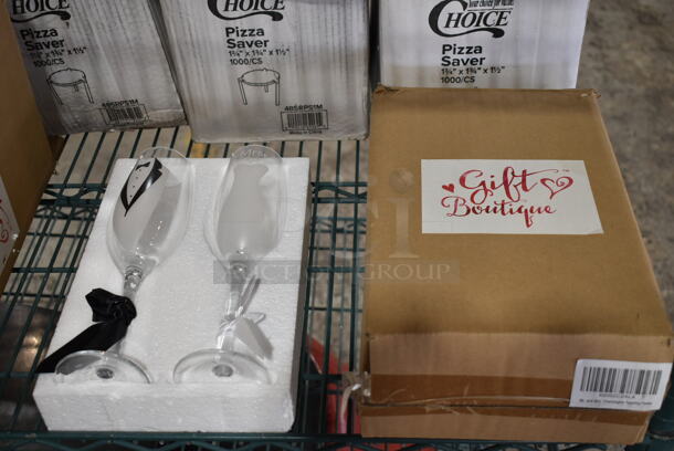 ALL ONE MONEY! Lot of BRAND NEW Metro Lot of Various Items Including 301PL200N Solo PL200N Medium Clear Plastic Souffle / Cup Lid - 2500/Case, 760PFLIDPLA EcoChoice 9, 12, 16, 20, 22 oz. Translucent Compostable PLA Paper Cold Cup Flat Lid with Straw Slot - 1000/Case, 5 Box 485RPS1M Choice Pizza Box Stack / Pizza Saver - 1000/Case. 51160A50 Clear Lid, San Jamar Venue Countertop Napkin Dispenser, PL200N Dart Clear Plastic Lids, Choice 471BSTAL7RD Metal Dome Cover, 2 Boxes Gift Boutique Set of 2 Champagne Glasses, 2 Red Bucket Seats. Shelving Unit Is Not Included.  - Image 9 of 12