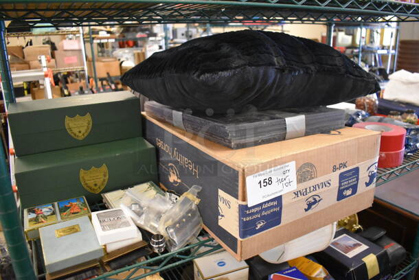 ALL ONE MONEY! Tier Lot of Various Items Including Black Pillow, 3 Cuvee Dom Perignon Boxes, Brush and Straps