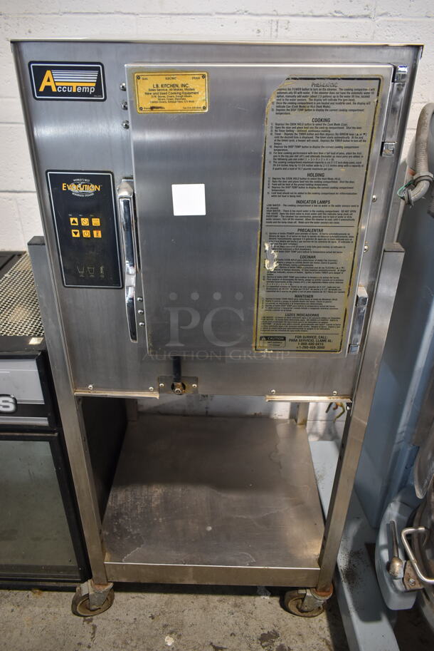 2014 AccuTemp E62083D10000200 Stainless Steel Commercial Electric Powered Single Deck Steam Cabinet on Stand w/ Commercial Casters. 208 Volts, 3 Phase. 
