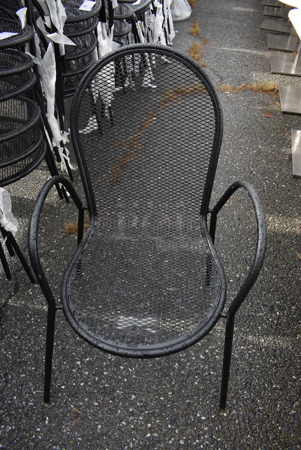 5 BRAND NEW SCRATCH AND DENT! Lancaster Table & Seating Harbor Black Powder Coated Steel Metal Mesh Stackable Outdoor Armchairs. 20x21x37. 5 Times Your Bid!