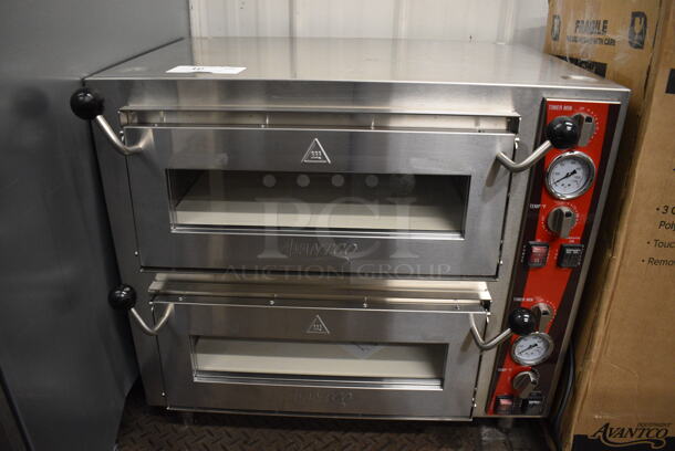 BRAND NEW! Avantco Model 177DPO18DD Stainless Steel Commercial Countertop Double Deck Pizza Oven w/ Stones. 240 Volts, 1 Phase. 28x22x26.5