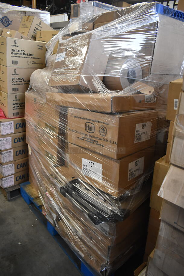 PALLET LOT of 38 BRAND NEW! Boxes Including Hoffmaster 856499 White Linen Like Towels, Creamer Pitchers, 1836NS Wire Shelves. 38 Times Your Bid!