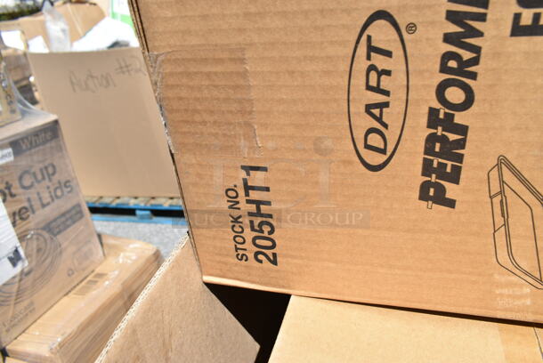 PALLET LOT of 20 BRAND NEW Boxes Including Dart 205HT1 White Foam Take Out Container with Perforated Hinged Lid 9" x 6" x 3" - 200/Case, 5002WRAPNAP Natural Kraft 1/4 Fold Dinner Napkin 16" x 16, 394365L Noble Products Powder-Free Disposable Vinyl Gloves for Foodservice - 1000/Case, 485WJ7TN Choice 7 3/4" Jumbo Clear Wrapped Straw - 12000/Case, 795KFTL50PE Choice 44-50 oz. Round PET Take-Out Lid - 300/Case, Dart 90HTPF1R White Foam Square Take Out Container with Hinged Lid 9" x 9" x 3" - 200/Case, 395TO991 EcoChoice 9" x 9" x 3" Compostable Sugarcane / Bagasse 1 Compartment Take-Out Box - 200/Case, 130WSPOONWP Choice Individually Wrapped Medium Weight White Plastic Teaspoon - 1000/Case. 20 Times Your Bid!  - Image 2 of 12