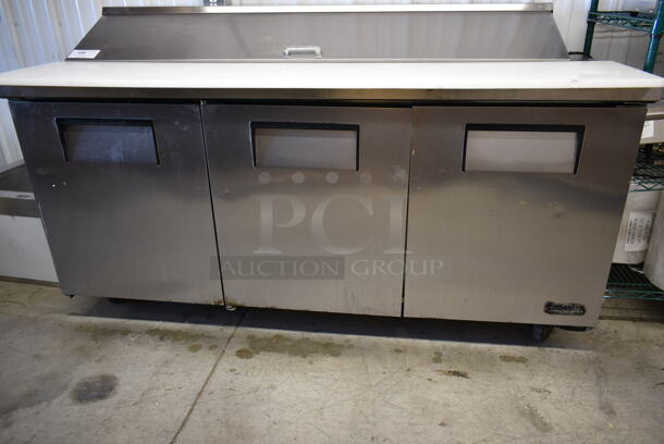 True TSSU-72-18 Stainless Steel Commercial Sandwich Salad Prep Table Bain Marie Mega Top w/ Black Poly Drop In Bins on Commercial Casters. 115 Volts, 1 Phase. Tested and Powers On But Does Not Get Cold - Image 3 of 8