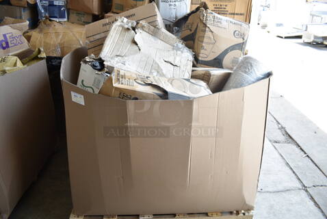 PALLET LOT of 20 BRAND NEW Boxes Including 176BSKT128BK Choice 12" x 8 1/2" x 1 1/2" Black Rectangular Plastic Fast Food Basket - 12/Pack, 612FHL1230 Choice Foil Steam Table Pan Lid - Half Size - 100/Case, 966TALLFLDN Choice Kraft Natural Tall Fold Dispenser Napkin, 427TB2230 Lancaster Table & Seating Excalibur 22" x 30" Cross Outdoor Table Base Plate, 500LDOME Choice 9 oz., 12 oz., 16 oz., 20 oz., 24 oz. Clear Dome Lid with 1" Hole - 1000/Case, 500CC9 Choice 9 oz. Clear PET Customizable Plastic Squat Cold Cup - 1000/Case, 4 Box 130WSPOON Choice Medium Weight White Plastic Teaspoon - 1000/Case, Dart 205HT1 White Foam Take Out Container with Perforated Hinged Lid 9" x 6" x 3" - 200/Case. 20 Times Your Bid!