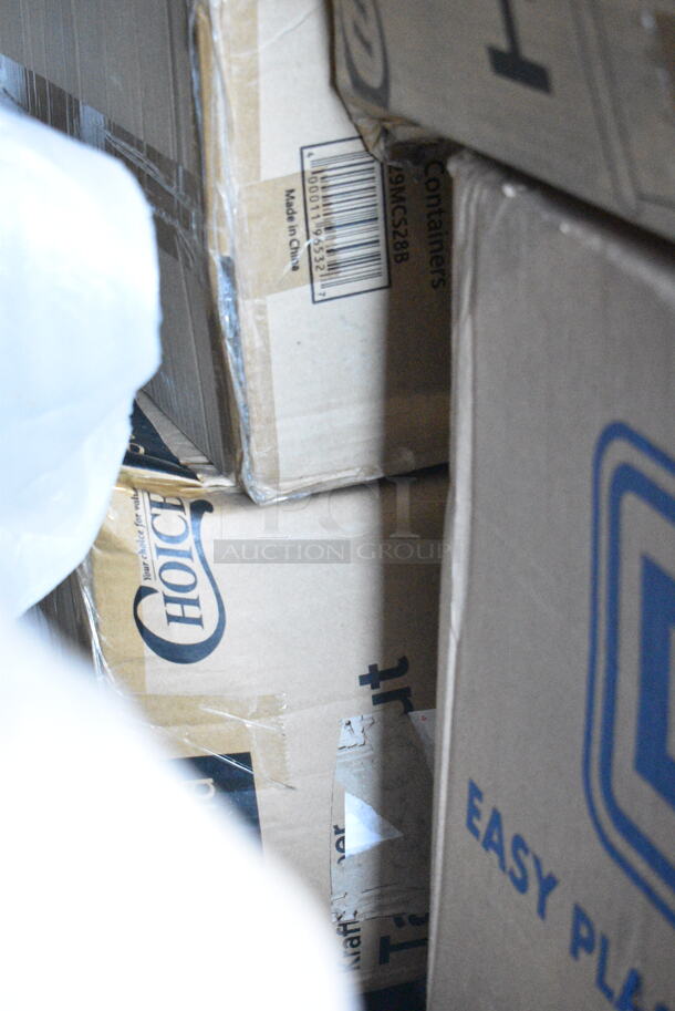 PALLET LOT of 28 BRAND NEW Boxes Including 128HD8COMBO ChoiceHD 8 oz. Microwavable Translucent Plastic Deli Container and Lid Combo Pack - 240/Case, 130BKFSNH Visions Heavy Weight Black Wrapped Plastic Cutlery Pack with Napkin - 500/Case, 2 Box 50020W Choice 20 oz. White Poly Paper Hot Cup - 600/Case, JE0111 Coconut Jelly, 3 Box 129MCS28W Choice 28 oz. White 8 3/4" x 6 1/4" x 1 3/4" Rectangular Microwavable Heavy Weight Container with Lid - 150/Case, 4070049 Choice Full Size 4" Deep 24 Gauge Anti-Jam Stainless Steel Steam Table / Hotel Pan, 500TO993Choice 9" x 9" x 3" Microwavable 1-Compartment Black / Clear Plastic Hinged Container - 100/Case, 2 Box 347TCL12 Choice 12 oz. Clear Disposable Plastic Tumbler - 500/Case, 190HCM80WA Hobart Equivalent Stainless Steel Wire Whip for Classic Mixers (80 Qt. Bowls), PanSaver Bags. 28 Times Your Bid! - Image 6 of 12