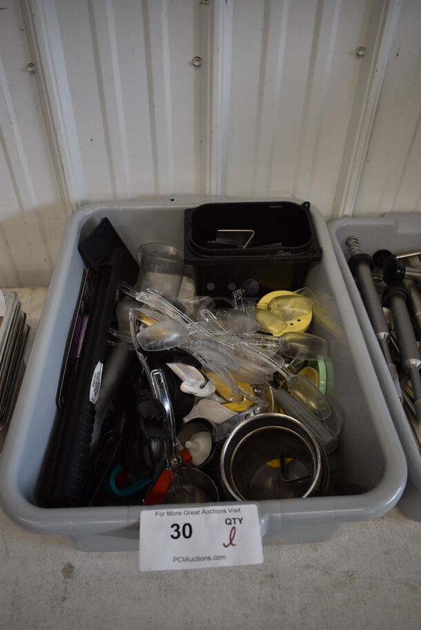 ALL ONE MONEY! Lot of Various Utensils Including Measuring Cups and Spoons in Gray Poly Bus Bin