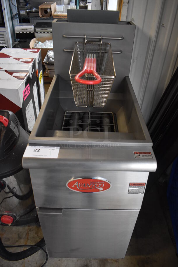 LIKE NEW! 2021 Avantco FF300-N Stainless Steel Commercial Floor Style Natural Gas Powered Deep Fat Fryer w/ 1 Metal Fry Basket. 90,000 BTU. Used a Few Times at Trade Show. 15.5x30x47. Tested and Working! - Image 1 of 6