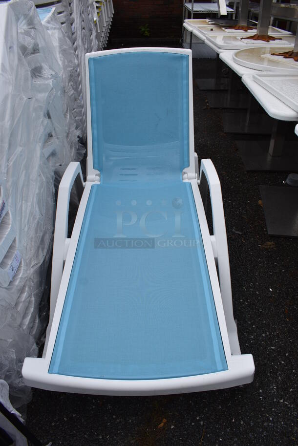 5 BRAND NEW SCRATCH AND DENT! Lancaster Table & Seating White Stacking Adjustable Chaise with Marine Blue Sling Seat. 72x28x19. 5 Times Your Bid! - Image 2 of 5
