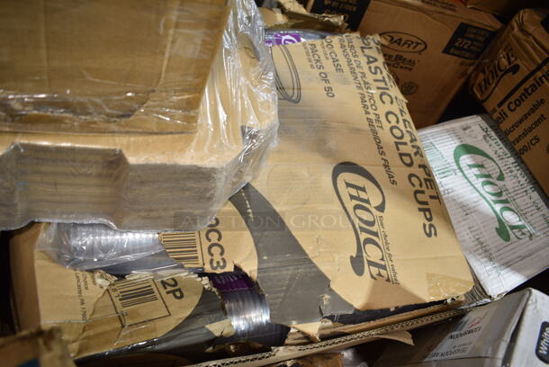 PALLET LOT of 24 BRAND NEW Boxes Including 90HT3 Dart Foam Containers, 16RCLBLK Dart Optima Black Travel Lid, 2 Box 500CC32P Plastic Cold Cup, 43312CUPC Choice 12-Cup Hinged PET Plastic Cupcake / Muffin Container, Choice Jumbo Straws, CH8DEF Dart ClearPAc SafeSeal Tamper-Resistant Hinged Container, BOL-SC-UBB-LF World Centric 32 oz. Compostable Fiber Burrito Bowl Lid - 300/Case, Garde 181ONBLD14 1/4" Blade Assembly for Onion Slicer - 2/Set, 795KFT24 Choice 24 oz. Rectangular Kraft PE-Lined Microwavable Take-Out Container 6 13/16" x 4 13/16" x 2 1/4" - 300/Case, 500CC9 Choice 9 oz. Clear PET Customizable Plastic Squat Cold Cup - 1000/Case, Dart 16J16 16 oz. White Customizable Foam Cup - 1000/Case, 128HD16COMBO ChoiceHD 16 oz. Microwavable Translucent Plastic Deli Container and Lid Combo Pack - 240/Case, 966TALLFLDN Choice Kraft Dispenser Napkin. 24 Times Your Bid!  - Image 2 of 12