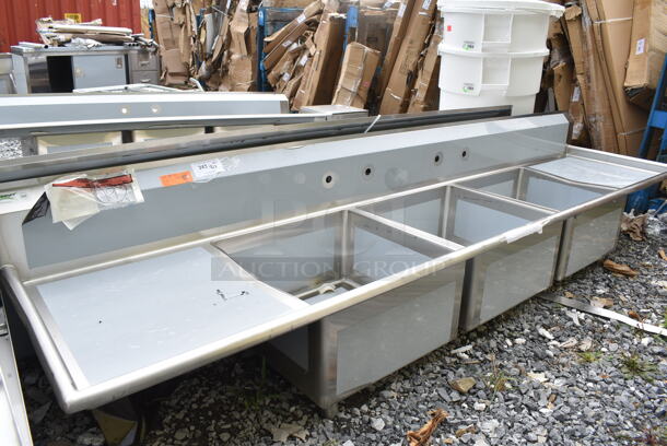BRAND NEW SCRATCH AND DENT! Regency 600S32323224 121" 16-Gauge Stainless Steel Three Compartment Commercial Sink with Galvanized Steel Legs and 2 Drainboards - 23" x 23" x 12" Bowls. No Legs.   - Image 2 of 9