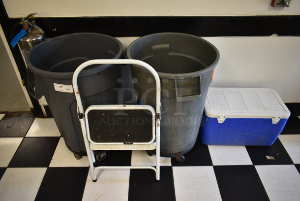 ALL ONE MONEY! Lot of 2 Gray Trash Cans, Blue and White Portable Cooler and Stepstool. Does Not Include Fire Extinguisher. (kitchen) - Image 1 of 9