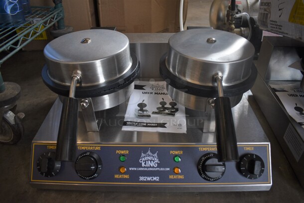 BRAND NEW IN BOX! Carnival King Model 382WCM2 Stainless Steel Commercial Countertop Double Waffle Cone Maker. 120 Volts, 1 Phase. 20x19x11