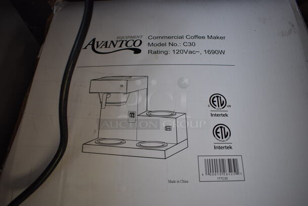 IN ORIGINAL BOX! Avantco C30 Stainless Steel Commercial Countertop 3 Burner Coffee Maker w/ Poly Brew Basket. Used a Few Times at Trade Show. 120 Volts, 1 Phase. 16.5x14.5x16.5. Tested and Working! - Image 7 of 7