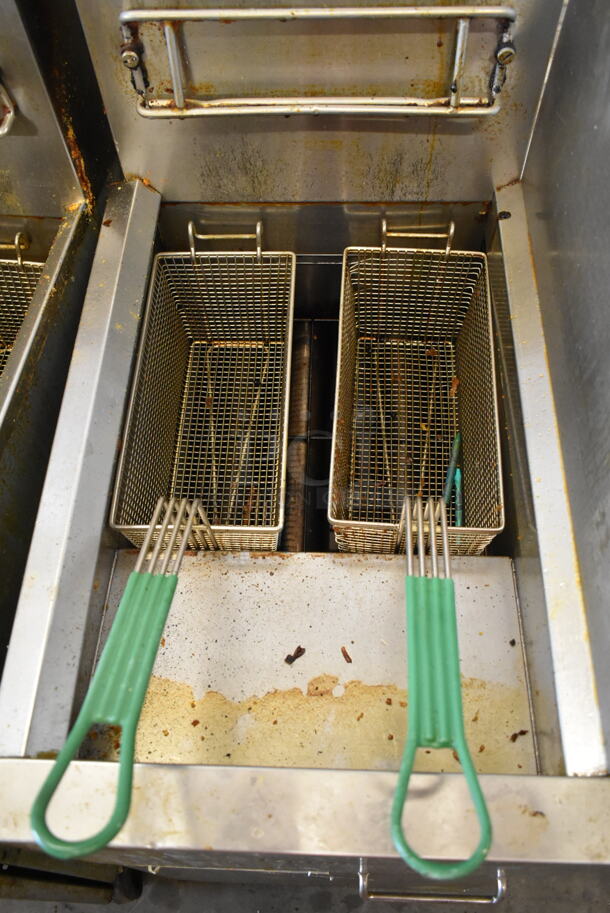 2020 Dean SR142GN Stainless Steel Commercial Floor Style Natural Gas Powered Deep Fat Fryer w/ 2 Metal Fry Baskets on Commercial Casters. 105,000 BTU.  - Image 2 of 5