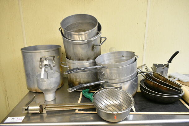 Stainless Steel Table w/ Contents Including Metal Stock Pots, Dough Dropper, Metal Sauce Pans and Skillets. (kitchen) - Image 2 of 5