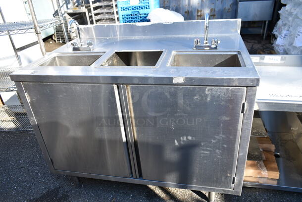 Stainless Steel Commercial Counter w/ 2 Bay Sink, Back Splash and 2 Doors. - Item #1114444