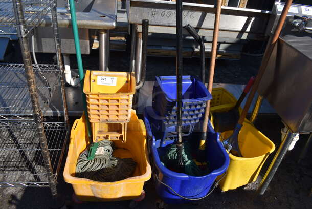 3 Various Poly Mop Buckets w/ Wringing Attachment and Mop on Commercial Casters; 2 Yellow and 1 Blue. Includes 16x22x35. 3 Times Your Bid!