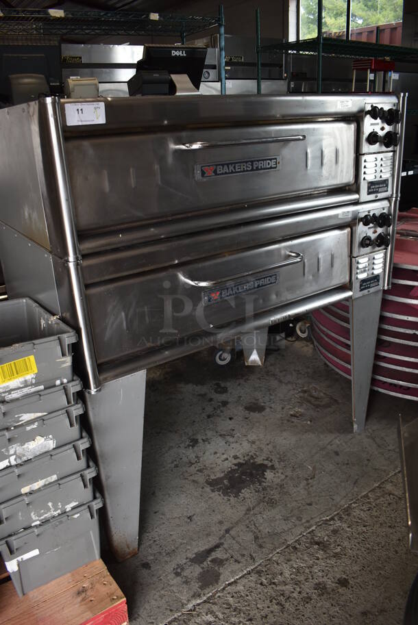 2 Bakers Pride P1 Stainless Steel Commercial Electric Powered Single Deck Pizza Oven w/ Cooking Stones on Metal Legs. 208 Volts, 3 Phase. 2 Times Your Bid!